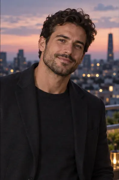 Man smiling on a city terrace